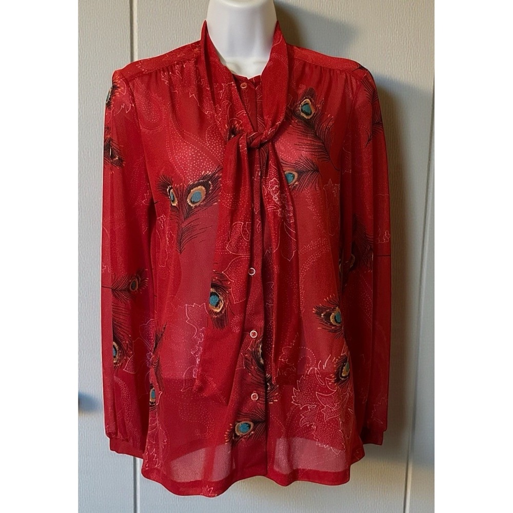 Vintage 70s Ship N Shore Sheer Peacock Feather Blouse USA Union Made Size 8